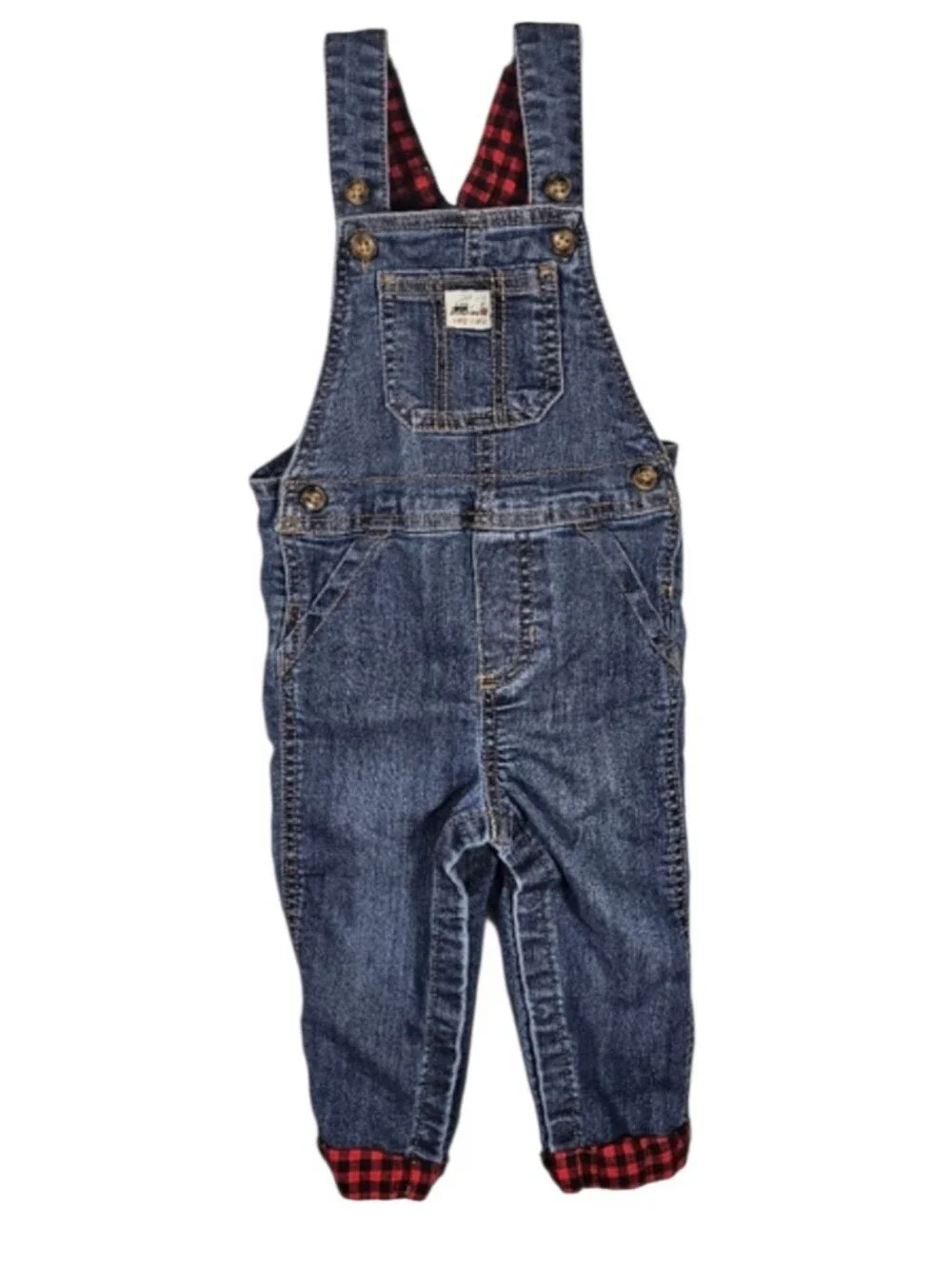 Carter's Blue Denim Red Plaid Train Themed Overalls Toddler/baby Size 18 Months.